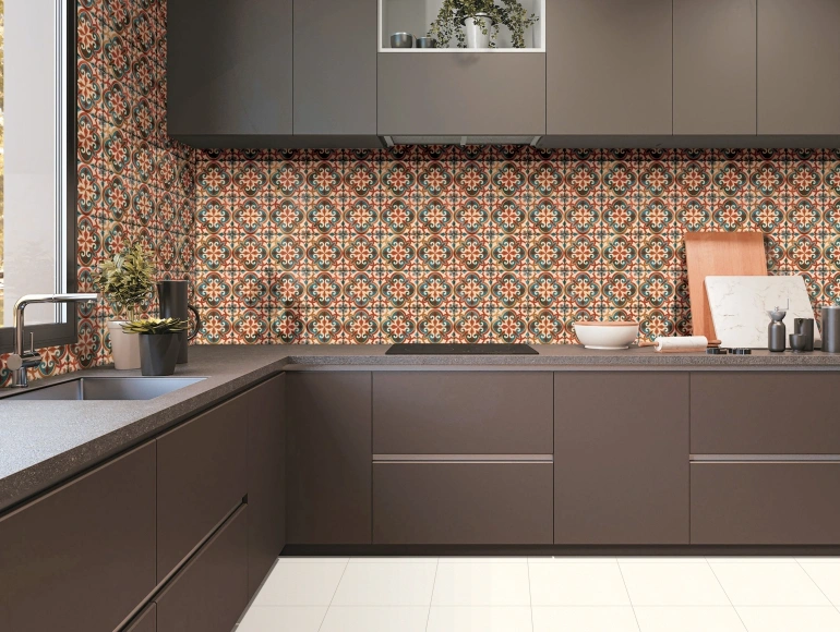 Dark L shape kitchen design with patterned tiles, black countertops, and a sleek, modern touch.